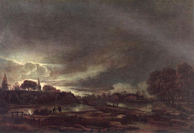 Aert van der Neer Small Town at Dusk